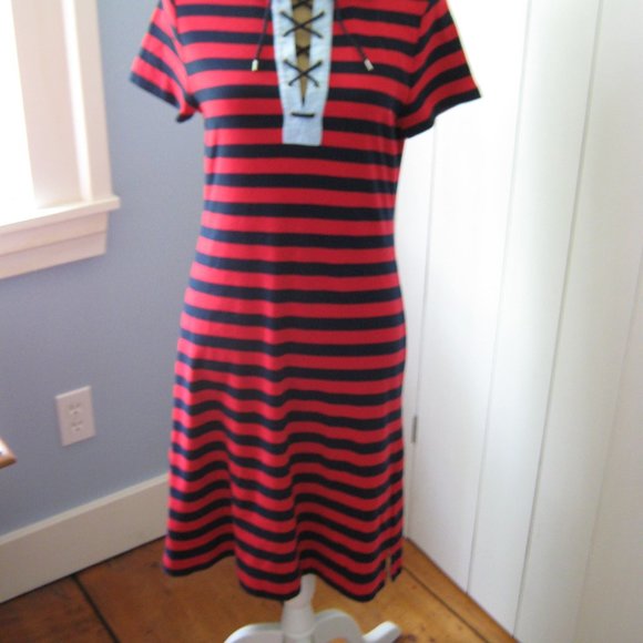 Chaps Red and Navy Striped T-shirt Dress - Picture 2 of 5